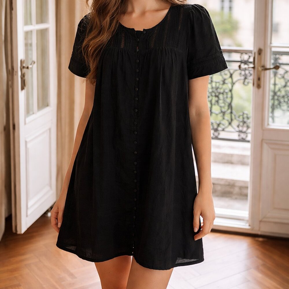 Madewell Black Dress Lined Short Sleeve Eyelet Romantic Size Small